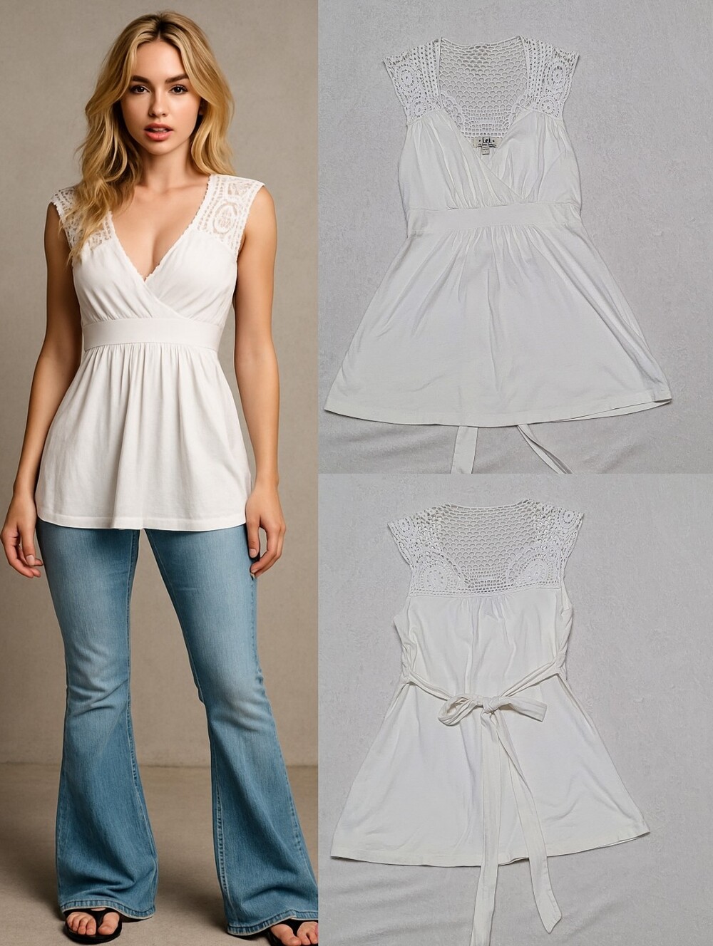 Vintage Y2K LEI Off-White Crochet Tie-Waist Sleeveless Surplice Babydoll Top